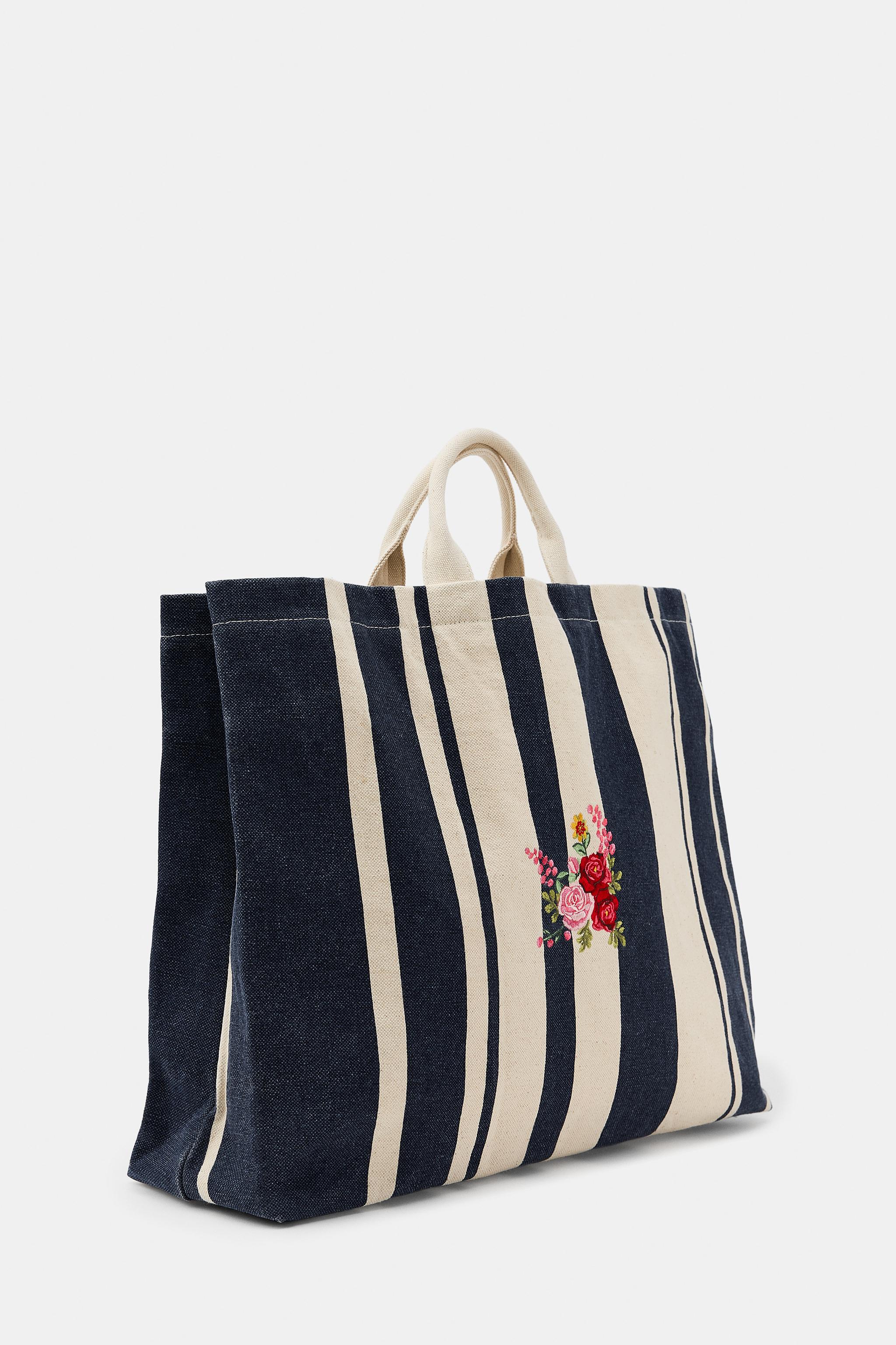 MAXI SAC À RAYURES ET FLEURS BRODÉES